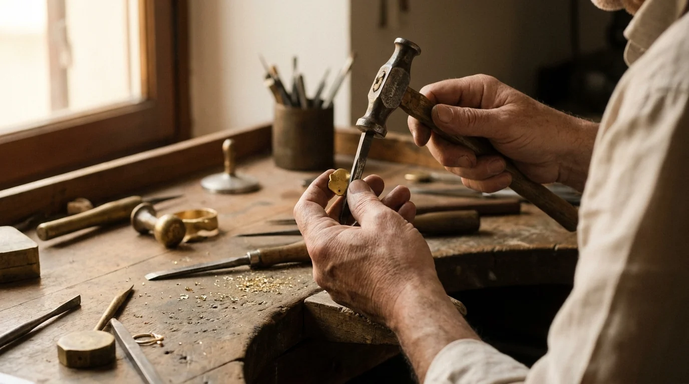 Mani di un orafo al banco mentre lavorano un pezzo in oro