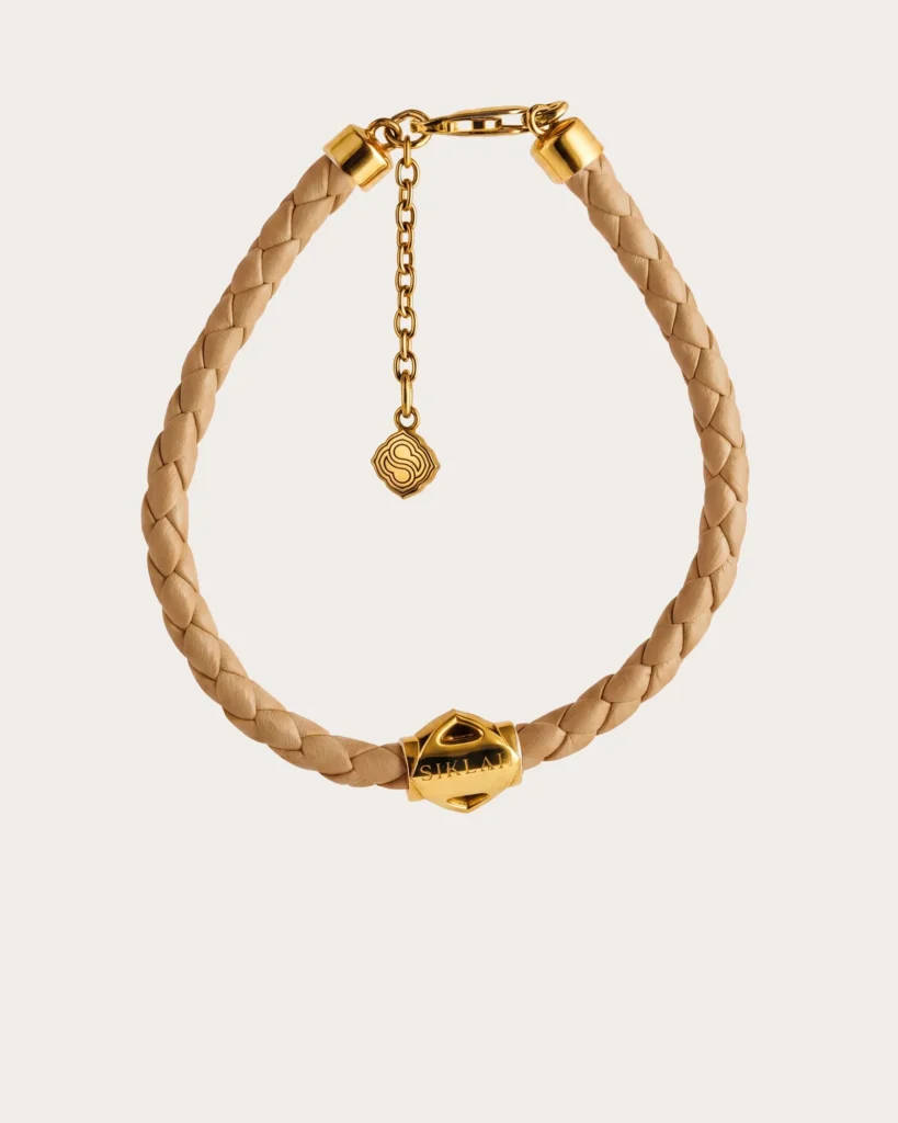 Bracciale Unisex Siklah in cordino colore cammello con nodi in oro giallo