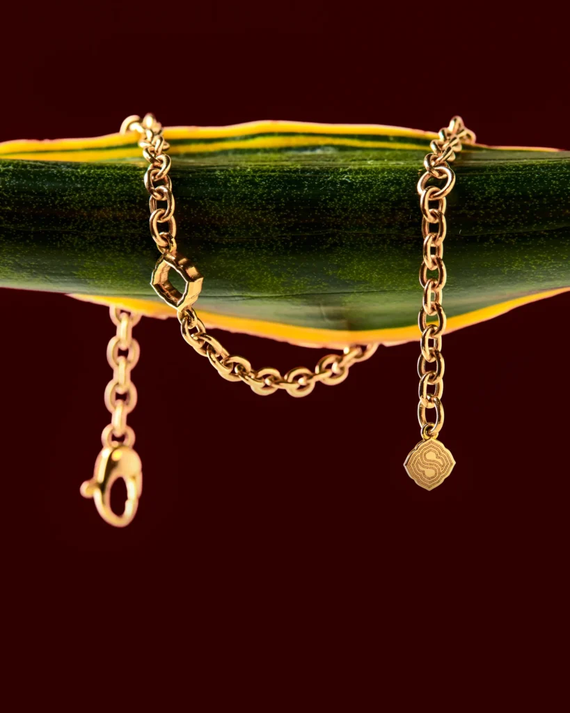 Bracciale Siklah in oro giallo con ciondolo S adagiato su una foglia verde