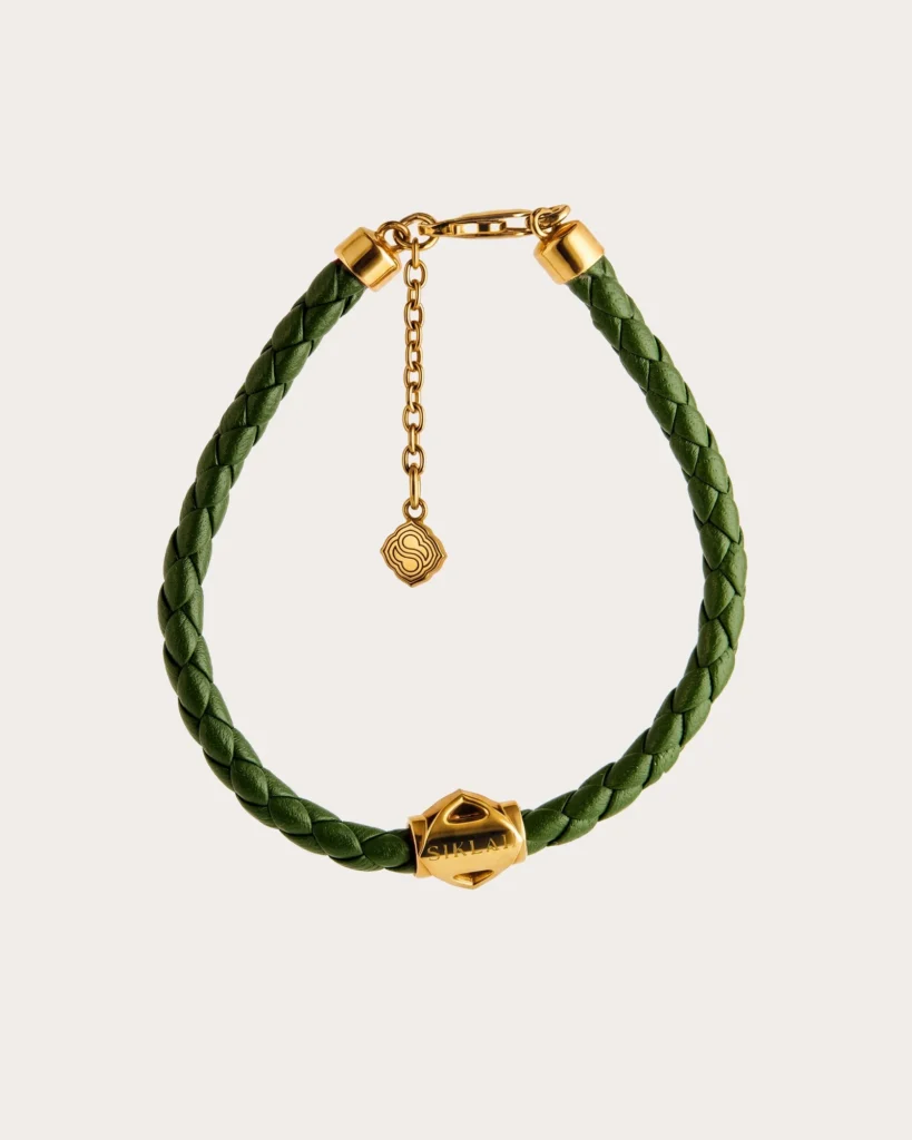 Bracciale Unisex Siklah in cordino colore verde oliva con nodi in oro giallo