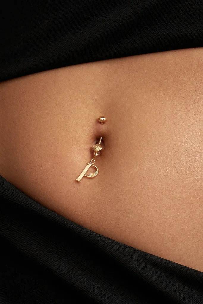 Dettaglio macro del charm lettera P Genesi in oro giallo Siklah sul piercing all'ombelico